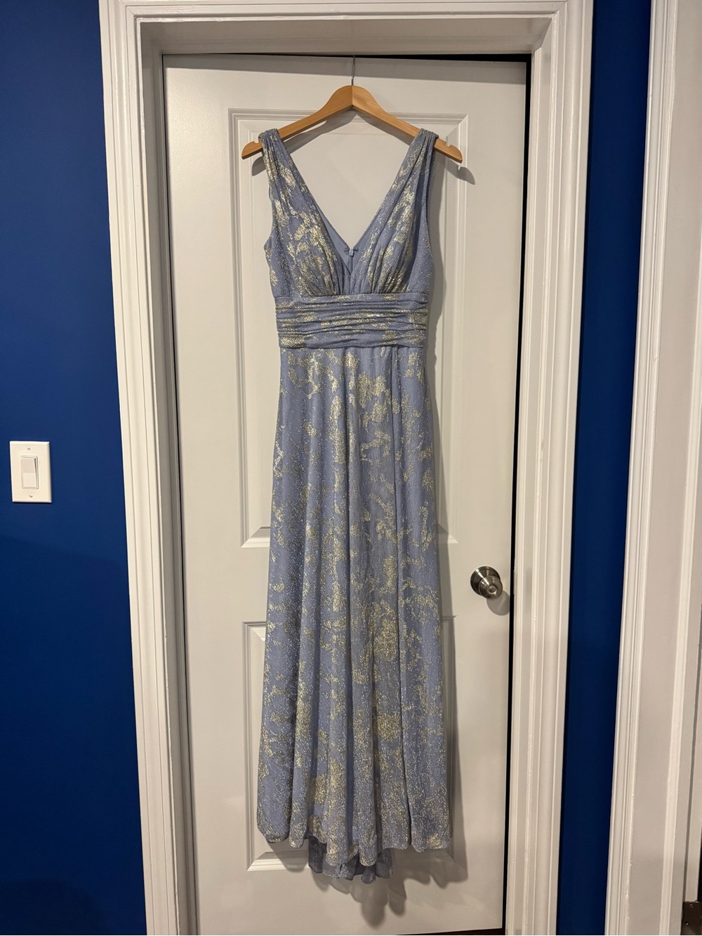 Aqua Light Blue and Gold V-Neck Formal Gown